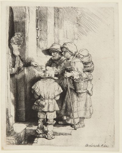 Sokea hurdy-gurdy-soittaja ja hänen perheensä saavat almuja tekijältä Rembrandt van Rijn