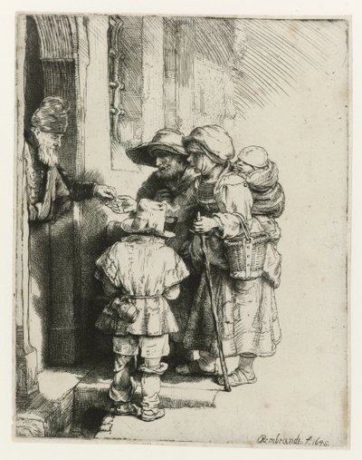 Sokea urkkilainen pelaaja ja hänen perheensä Sokea hurdy-gurdy pelaaja ja perhe, joka saa almua tekijältä Rembrandt van Rijn
