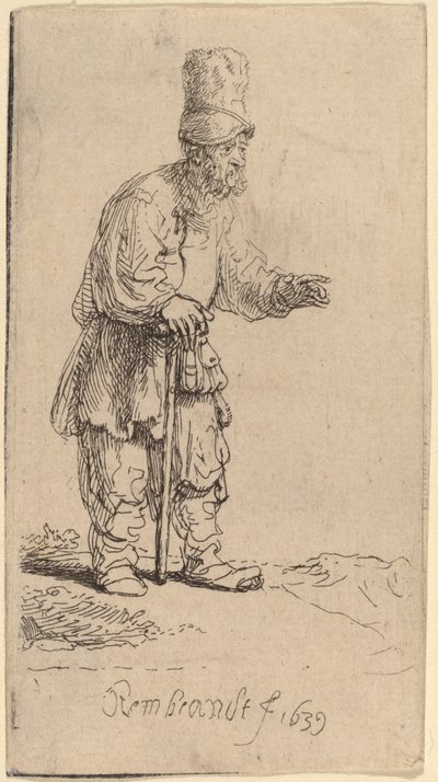 Talonpoika korkealakissa seisomassa kepissä nojaten tekijältä Rembrandt van Rijn