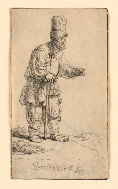 Talonpoika korkealakissa seisomassa kepissä nojaten tekijältä Rembrandt van Rijn