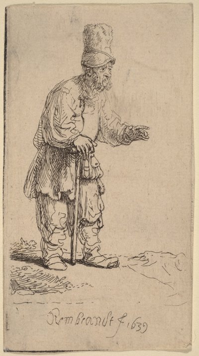 Korkealakinen talonpoika, joka seisoo keppiin nojautuen tekijältä Rembrandt van Rijn