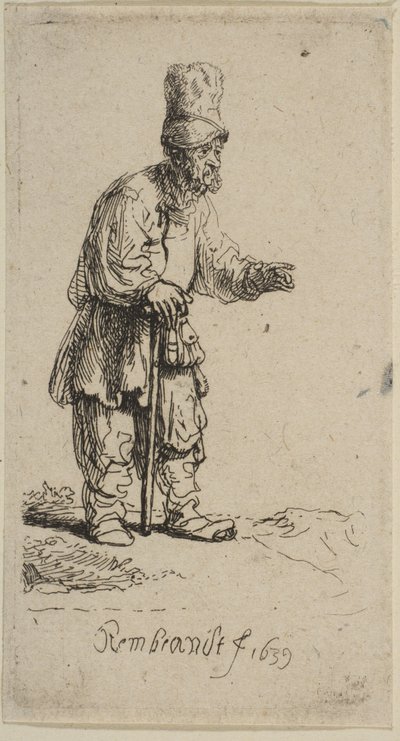 Talonpoika korkealakissa seisomassa kepissä nojaten, 1639. tekijältä Rembrandt van Rijn