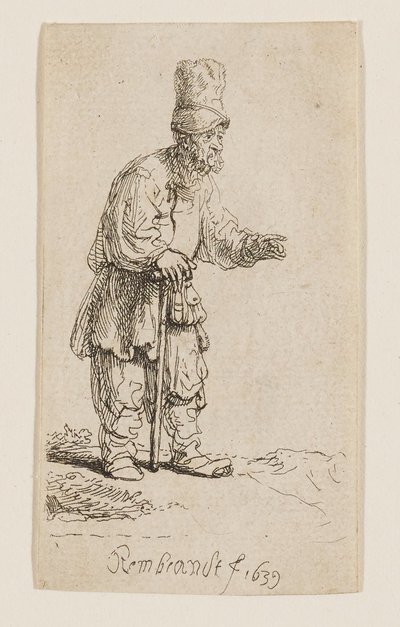 Korkealakkinen talonpoika seisomassa ja nojaamassa sauvaan tekijältä Rembrandt van Rijn