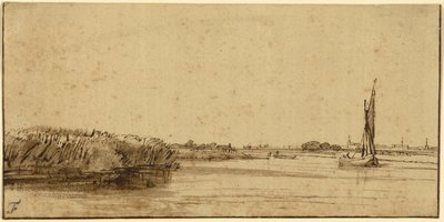 Purjevene laajalla vesialueella, n. 1650 (kynä ja ruskea muste ja ruskea pesuaine, sävytetyllä paperilla) tekijältä Rembrandt van Rijn