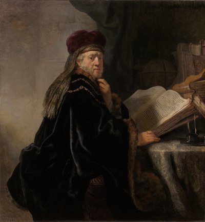 Pöydän ääressä oleva tutkija Tutkija työhuoneessaan tekijältä Rembrandt van Rijn