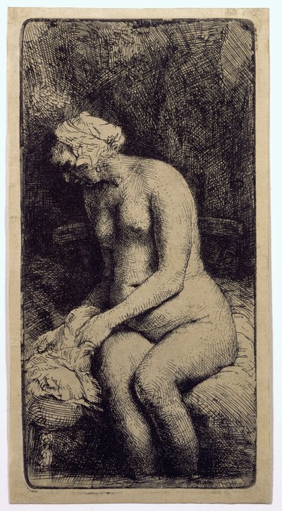 Nainen uimassa jalkojaan purossa tekijältä Rembrandt van Rijn