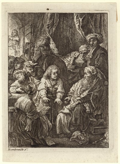 Ihmisjoukko kerääntyi istuvan vanhan miehen ympärille - tekijältä Rembrandt van Rijn