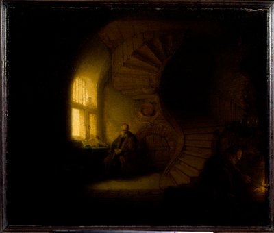Filosofi meditaatiossa Harmenszoon van Rijn dit Rembrandtin (1606-1669) maalaus 1632 su. 0,28 x 0,34 m Pariisi, Louvre-museo tekijältä Rembrandt van Rijn
