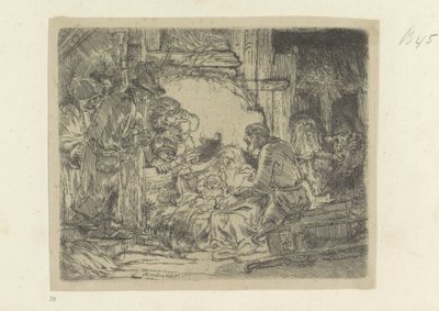 Aanbidding der herders: met de olielamp Kokoelma kahdeksankymmentäviisi alkuperäistä vedosta (sarjan nimi) tekijältä Rembrandt van Rijn