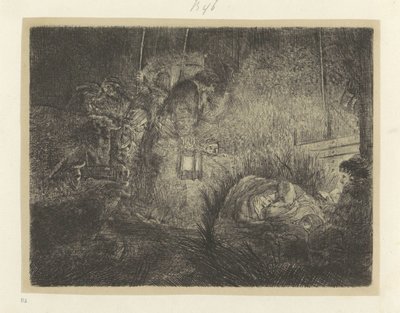 Aanbidding der herders: nachtstuk Kokoelma kahdeksankymmentäviisi alkuperäistä vedosta (sarjan nimi) tekijältä Rembrandt van Rijn
