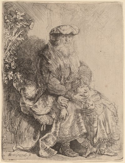 Abraham hyväilee Iisakia tekijältä Rembrandt van Rijn