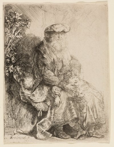 Abraham hyväilee Iisakia tekijältä Rembrandt van Rijn
