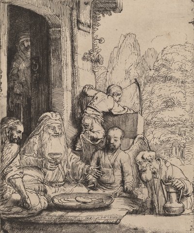Abraham viihdyttämässä enkeleitä, 1656. tekijältä Rembrandt van Rijn