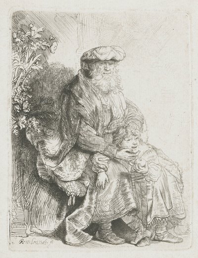 Abraham hyväilee Iisakia Jacob hyväilee Benjaminia tekijältä Rembrandt van Rijn