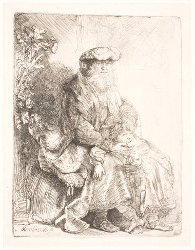 Abraham hyväilee Iisakia tekijältä Rembrandt van Rijn