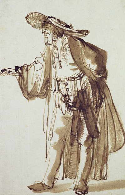 Näyttelijä, jolla on leveälierinen hattu (kynä ja muste pesu paperille) tekijältä Rembrandt van Rijn