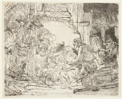 Lampun kanssa olevien paimenien palvonta tekijältä Rembrandt van Rijn