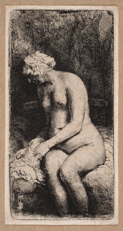 Naisen veistos, jonka ”jalat ovat vedessä” tekijältä Rembrandt van Rijn