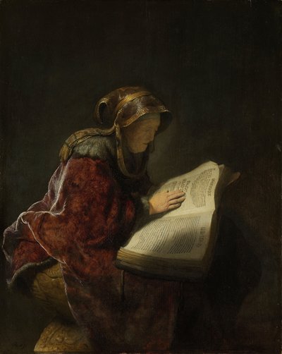Vanha nainen lukemassa, luultavasti profeetta Hanna, 1631 tekijältä Rembrandt van Rijn