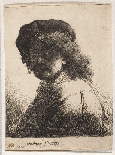 Omakuva beretillä ja huivilla tekijältä Rembrandt van Rijn