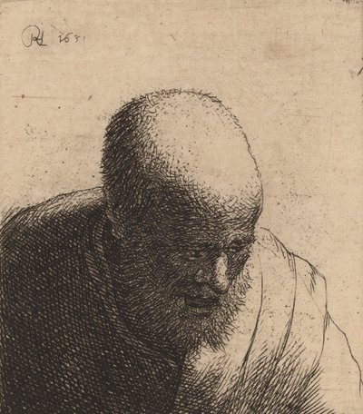 Kalju mies suu auki, katsoo alas, c. 1630. tekijältä Rembrandt van Rijn