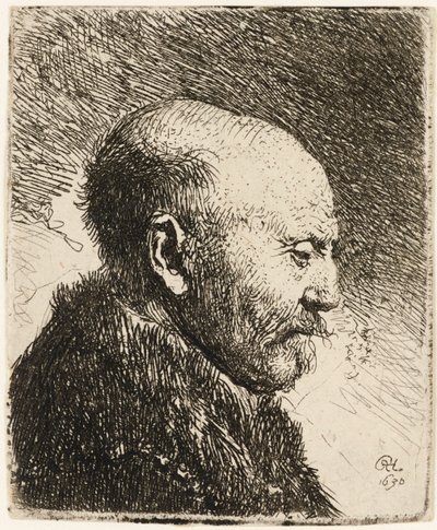 Kaljupäinen mies profiilissa oikealla: Rembrandtin isä 1630. tekijältä Rembrandt van Rijn