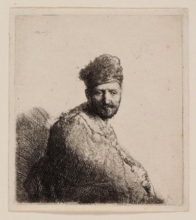 Parrakas mies karvaisessa itämaisessa lippassa ja kaapussa tekijältä Rembrandt van Rijn