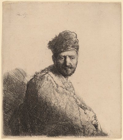 Parrakas mies karvaisessa itämaisessa lippassa ja viittassa: taiteilijan isä tekijältä Rembrandt van Rijn