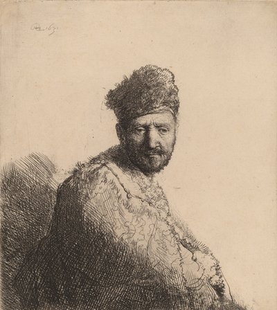 Parrakas mies karvaisessa itämaisessa lippassa ja viittassa: Taiteilijan isä, 1631. tekijältä Rembrandt van Rijn