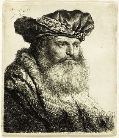 Parrakas mies samettilakissa jalokivilukolla tekijältä Rembrandt van Rijn