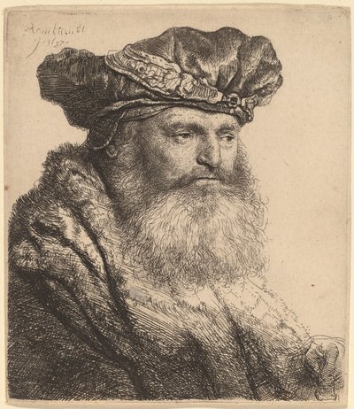 Parrakas mies samettilakissa jalokivilukolla tekijältä Rembrandt van Rijn