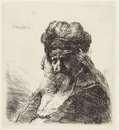 Parrakas vanha mies, jolla on korkea turkislakki ja silmät kiinni tekijältä Rembrandt van Rijn