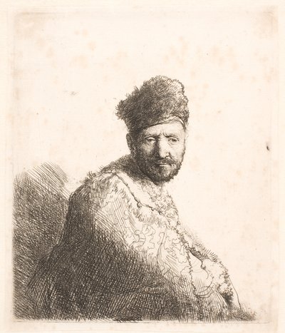 Parrakas mies (Rembrandtin isä) turkilla koristellussa itämaisessa lakissa ja kaapussa: puolivartalokuva tekijältä Rembrandt van Rijn
