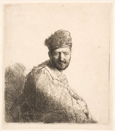 Parrakas mies (Rembrandtin isä) turkilla koristellussa itämaisessa lakissa ja kaapussa: puolivartalokuva tekijältä Rembrandt van Rijn