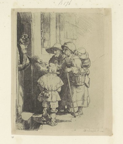 Kerjäävä perhe saa almua talon ovella Recueil de quatre-vingt-cinq estampes originales (sarjan nimi) tekijältä Rembrandt van Rijn
