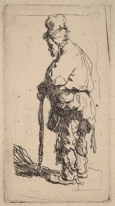 Keppiin nojaava kerjäläinen, katse vasemmalle tekijältä Rembrandt van Rijn