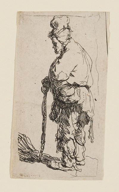 Sauvaan nojaava kerjäläinen kasvot vasemmalle tekijältä Rembrandt van Rijn
