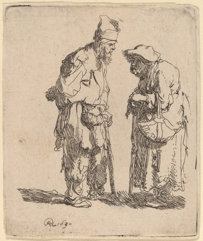 Kerjäläinen mies ja kerjäläinen nainen keskustelevat tekijältä Rembrandt van Rijn