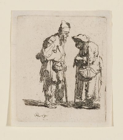 Keskustelevat kerjäläismies ja kerjäläisnainen tekijältä Rembrandt van Rijn
