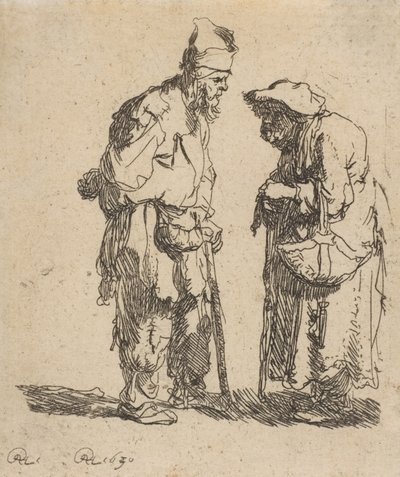 Kerjäläinen mies ja kerjäläinen nainen keskustelevat, 1630, 1630. tekijältä Rembrandt van Rijn