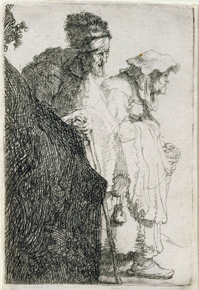 Kerjäläinen mies ja nainen pankin takana, n. 1630 tekijältä Rembrandt van Rijn