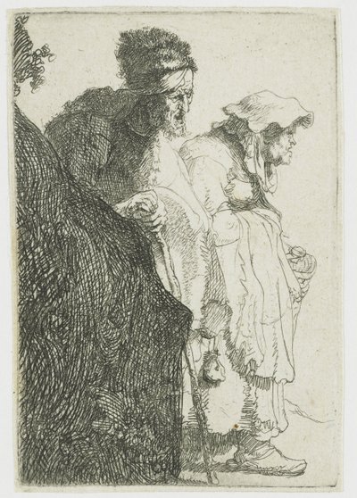 Kerjäläinen mies ja nainen pankin takana Kerjäläinen mies ja nainen pankin takana tekijältä Rembrandt van Rijn