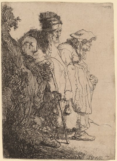 Kerjäläinen mies ja nainen pankin takana tekijältä Rembrandt van Rijn