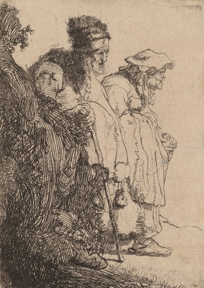 Kerjäläinen mies ja nainen pankin takana, c. 1630. tekijältä Rembrandt van Rijn
