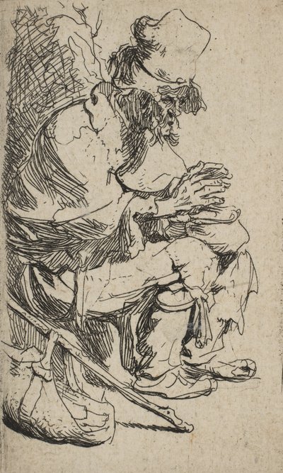 Kerjäläinen istuu ja lämmittää käsiään hankaavalla lautasella, n. 1630, n. 1630. tekijältä Rembrandt van Rijn
