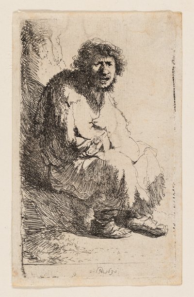 Kerjäläinen istuu pankissa tekijältä Rembrandt van Rijn