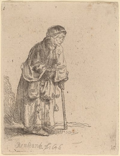 Kerjäläinen nainen nojaten kepille tekijältä Rembrandt van Rijn