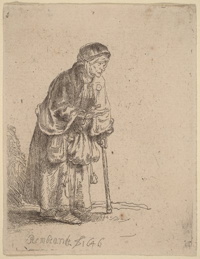 Keppiin nojaava kerjäläisnainen tekijältä Rembrandt van Rijn