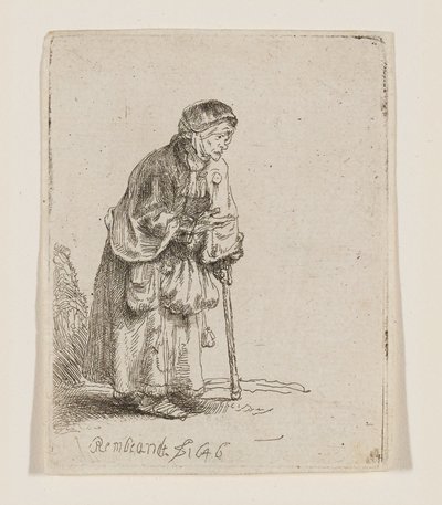 Kerjäläisnainen sauvaan nojaten tekijältä Rembrandt van Rijn