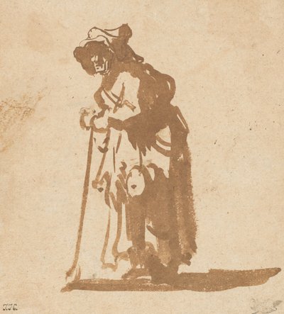 Kerjäläinen nojaa kepille, 16281630. tekijältä Rembrandt van Rijn
